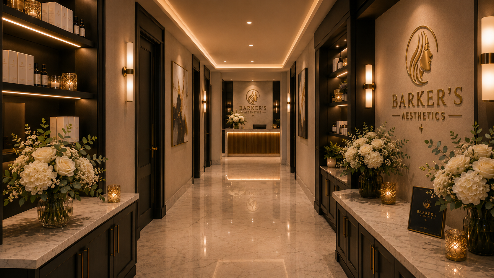 Barker's Aesthetics branded hallway and appointment environment